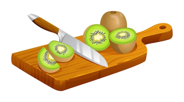 Sliced kiwi fruits with knife on wooden cutting board Vector illustration isolated on white