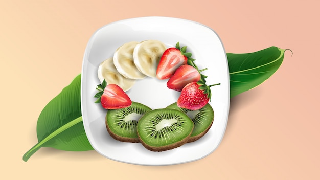Sliced kiwi, strawberries and banana on a white plate.