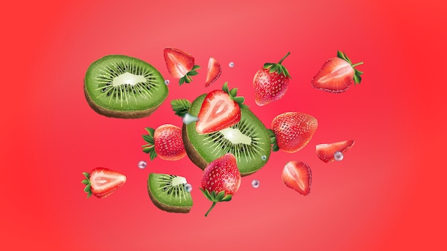 Sliced kiwi, strawberries and water droplets scatter in different directions. Realistic illustration.