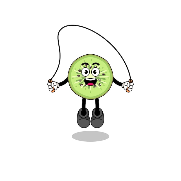 Sliced kiwifruit mascot cartoon is playing skipping rope