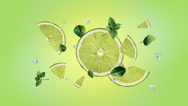 Sliced lime with mint leaves and water droplets scatter in different directions. Realistic illustration.