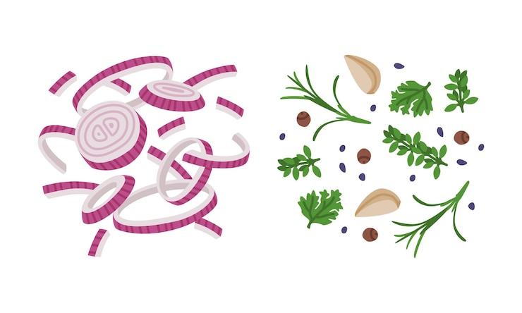 Vector sliced onion and greenery with rosemary and garlic as wok asian food ingredient vector set