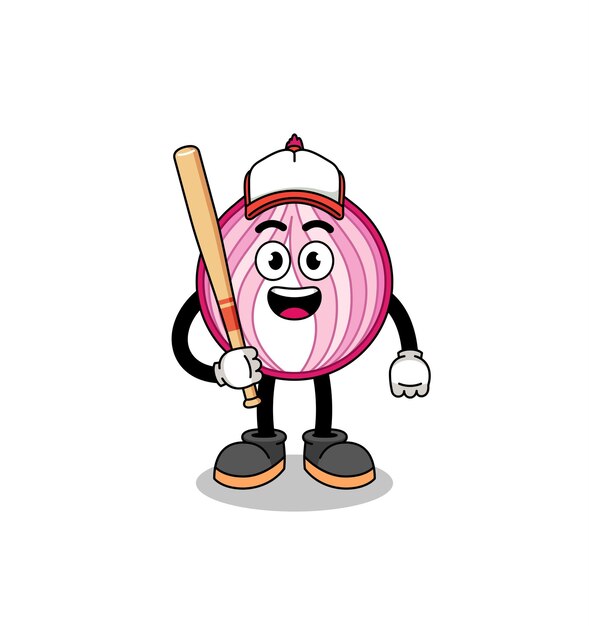 Cartone animato mascotte cipolla affettata come design del personaggio di un giocatore di baseball