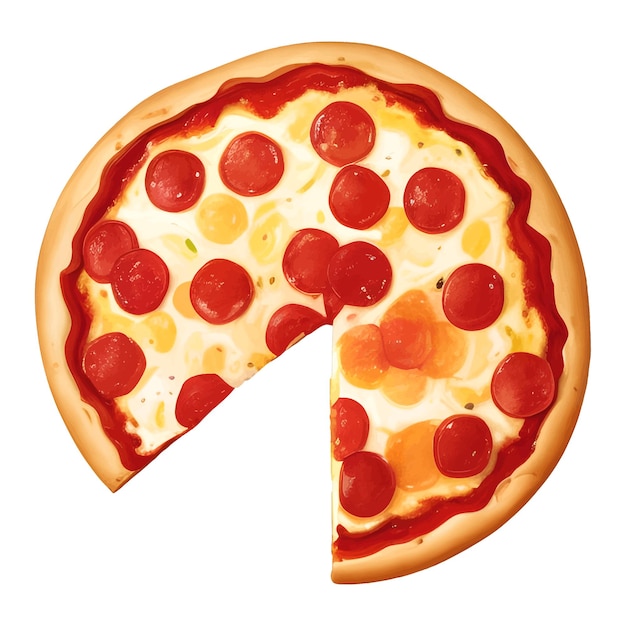 Вектор Нарезанная пепперони сыр пицца вид сверху изолированные подробные рисованной живописи иллюстрации