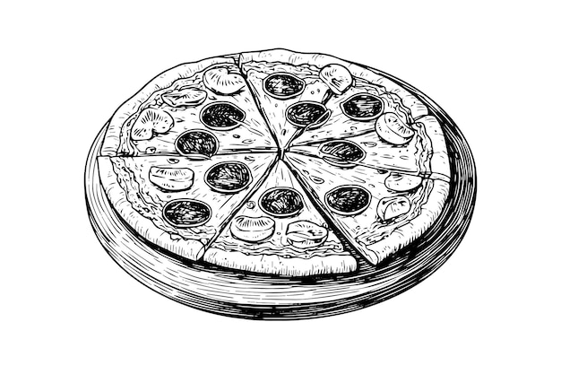 Sliced pizza sketch hand drawn engraving style Vector illustration