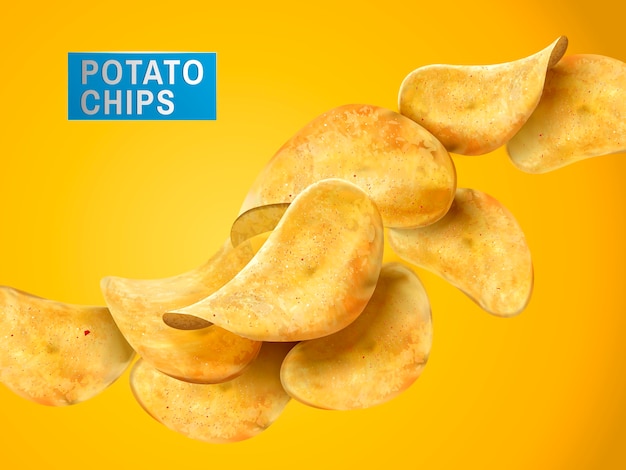 Sliced potato chips still life, yellow background