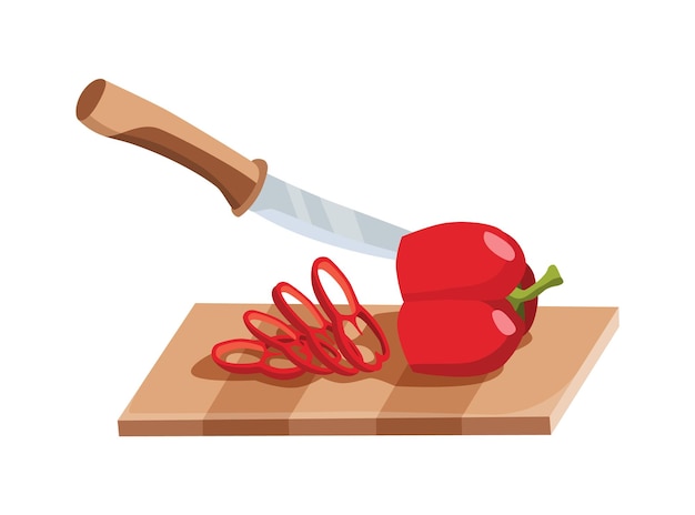 Sliced vegetable. Slicing pepper by knife. Cutting on wooden board isolated on white background. Prepare to cooking. Chopped fresh nutrition in cartoon flat style.