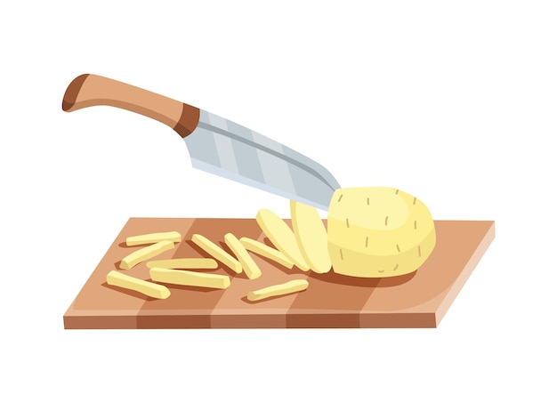 Verdura affettata. affettare la patata al coltello. taglio su tavola di legno isolato su sfondo bianco. preparati a cucinare. nutrizione fresca tritata in stile piatto cartone animato