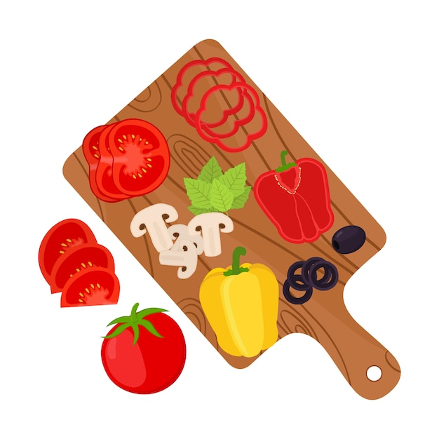 sliced vegetables on cutting board. pizza ingredients
