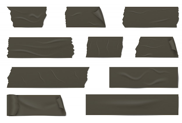 Vector slices of a black adhesive tape with shadow and wrinkles.