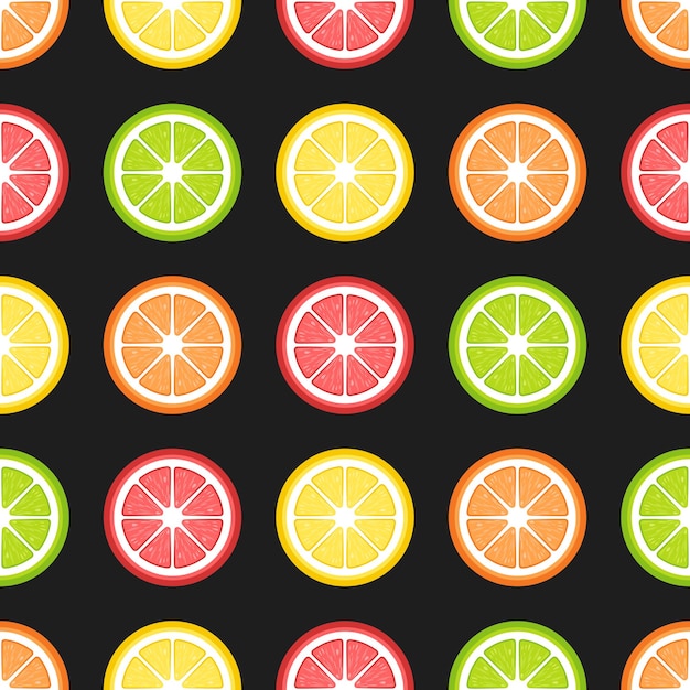 Slices of lemon lime grapefruit and orange on black background Vector seamless pattern