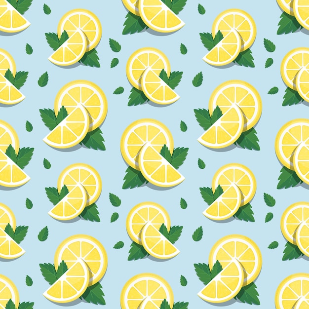 Slices of lemon and mint leaves on blue background Vector seamless pattern