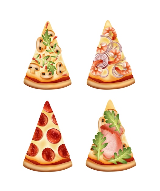 Вектор Кусочки пиццы с четырьмя вариантами начинок, изолированные на белом
