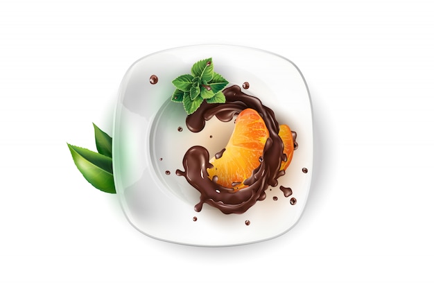 Slices of tangerine in chocolate on a white plate.