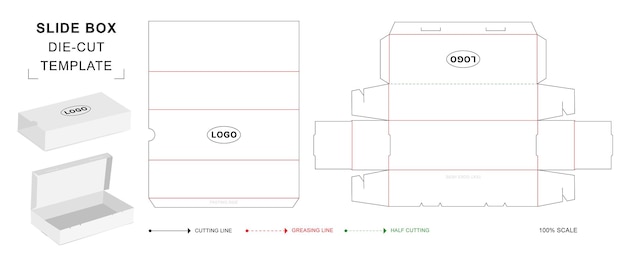 Slide box packaging die cut template