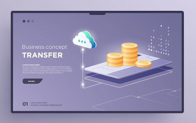 スライドヒーローページまたはデジタルテクノロジーバナー送金ビジネスコンセプトアイソメトリックベクトル
