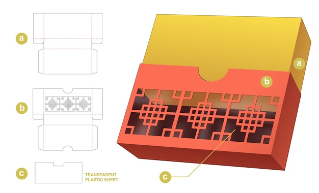 Sliding box with Chinese window on cover and transparent plastic sheet die cut template