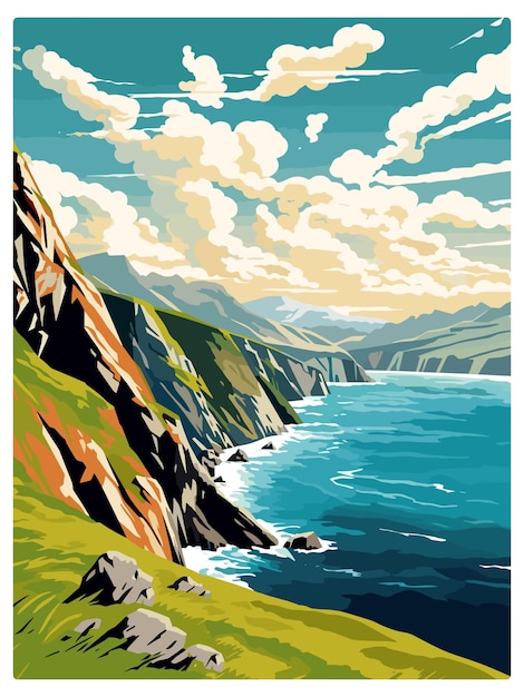 Вектор slieve league ireland vintage travel poster сувенирная открытка портретная живопись wpa иллюстрация