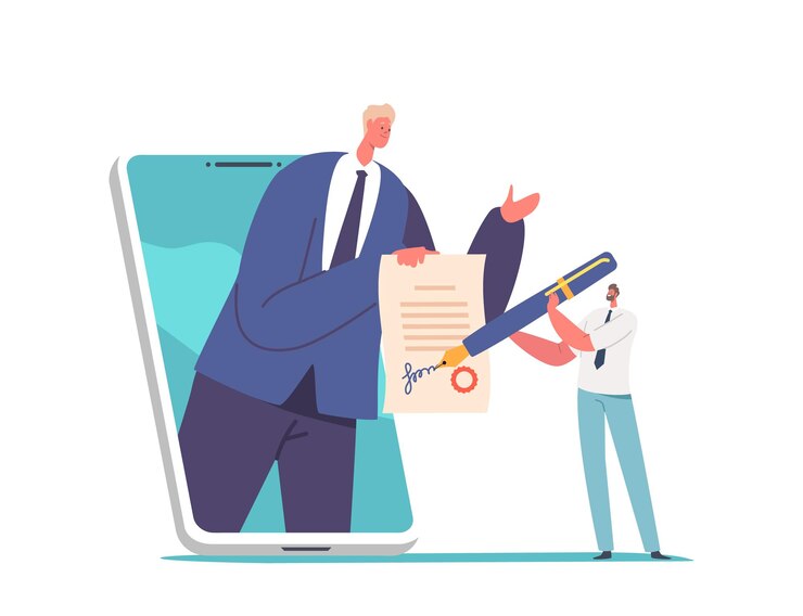 Vector slim contract en digitale elektronische handtekening concept afstand business tiny man teken aanbrengend juridisch document