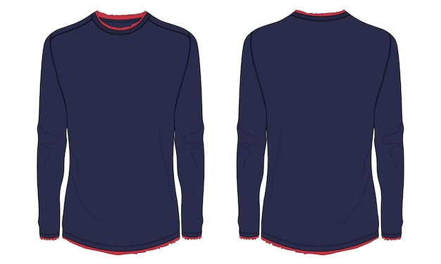 Vector slim fit long sleeve t shirt technical fashion flat sketch navy blue color vector template