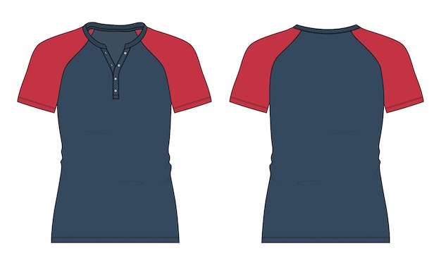 Slim fit Raglan mouw two tone rode en blauwe kleur T-shirt platte schets vector illustratie sjabloon