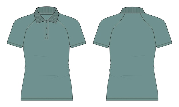 Slim fit Raglan sleeve polo shirt technical fashion flat sketch vector green color template