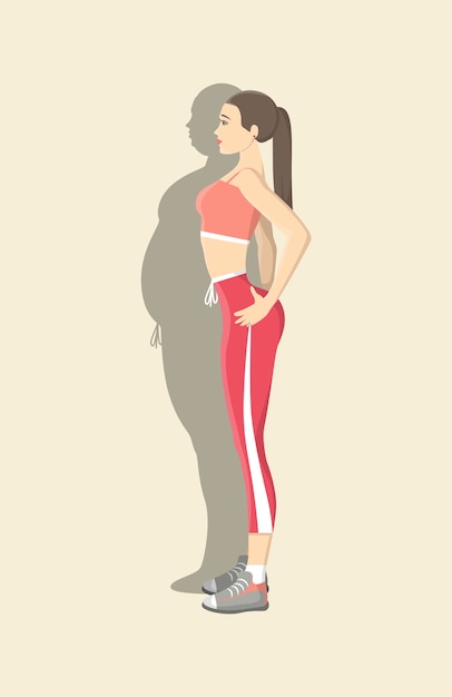 Slim fit woman standing with fat shadow on the background. Overweight shadow. Weight loss progress concept.   illustration