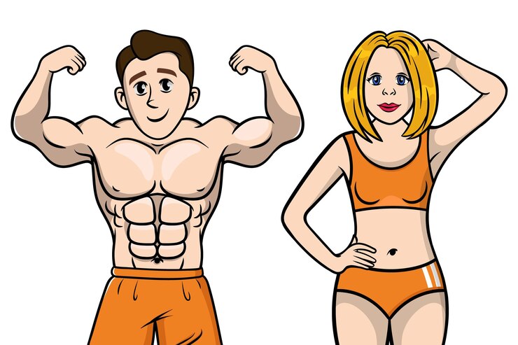 Vector スリムな男性と女性、減量のカップル、ベクトルスポーツボディイラスト、フィットネスの男性と女性、