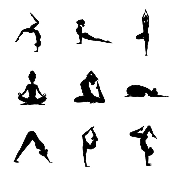 Vector slim sportive young woman doing yoga fitness exercises healthy lifestyle set of vector silhouette