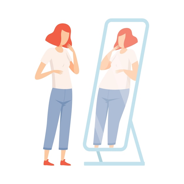Vector slim teen girl seeing herself fat in mirror teenager puberty problem vector illustration on white background