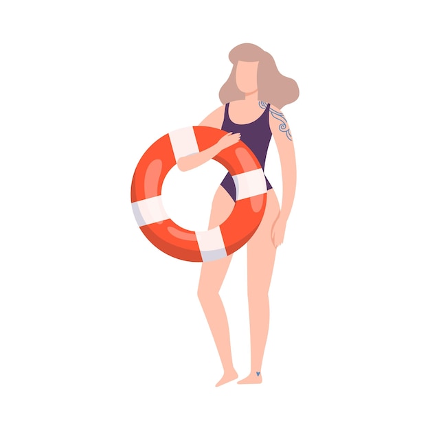 Vector slim woman with tattoo wearing swimming suit on beach holding rubber ring vector illustration