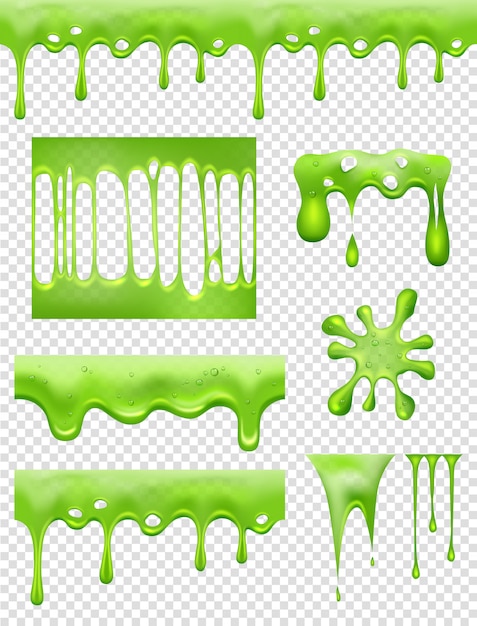 Vettore slime. colla verde che immerge e fluisce gocce di liquido e schizzi tossici di immagini