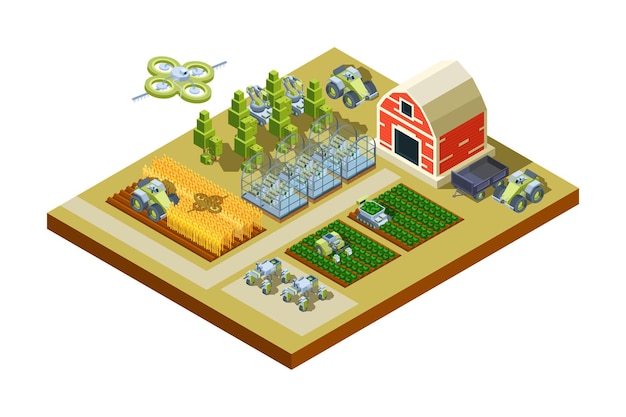Slimme boerderijgebouwen. Grote huishoudelijke landbouwmachines feed tractoren oogstmachines werkveld automatische controle isometrisch.