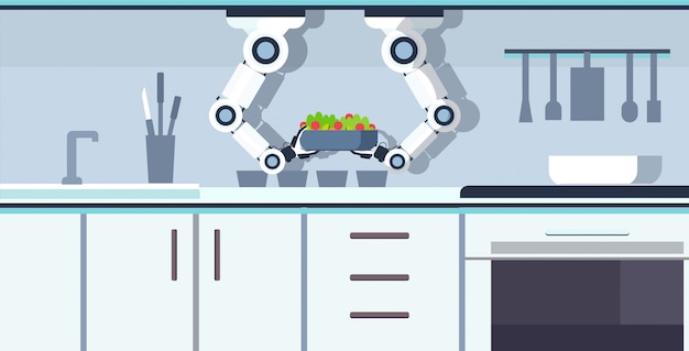 Slimme chef-kok robot handen met kom met verse salade keuken assistent concept automatisering robotachtige innovatie technologie kunstmatige intelligentie moderne keuken interieur horizontaal