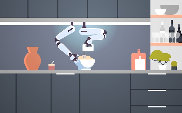 Slimme handige chef-kok robot met mixer kneden van deeg in kom voor het bakken van robot assistent innovatie technologie kunstmatige intelligentie concept moderne keuken interieur plat horizontaal