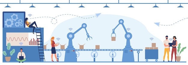 Vector slimme industrie automatisering van productie en werkstromen in fabrieken moderne conveyor met innovatieve