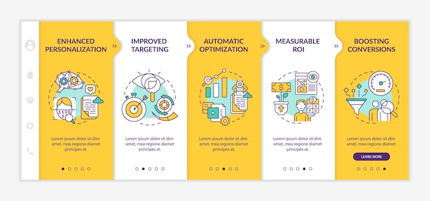 Slimme inhoud voordelen onboarding vector sjabloon. responsieve mobiele website met pictogrammen. webpagina walkthrough 5 stappen schermen. digitaal marketingkleurenconcept met lineaire illustraties