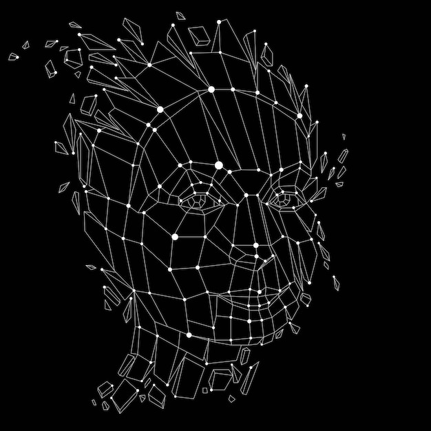 Slimme persoon en geest concept, menselijk hoofd exploderen en breekt in meerdere fracturen.3d vectorillustratie van doordachte vrouw gezicht gemaakt in laag poly gemoderniseerde stijl en met lijnen mesh.