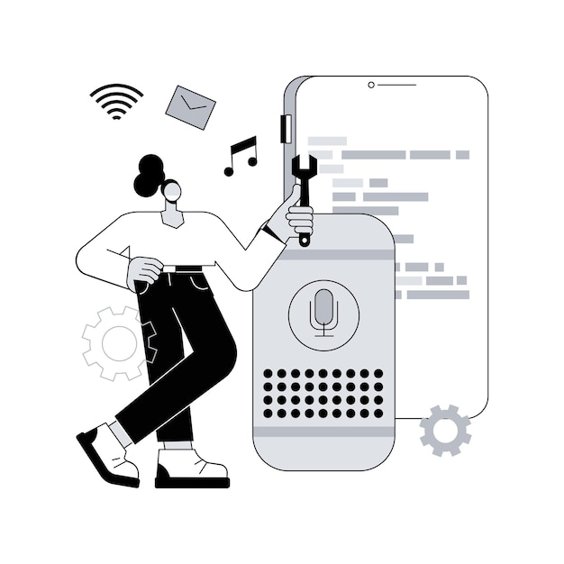 Slimme speaker apps ontwikkeling abstract concept vectorillustratie
