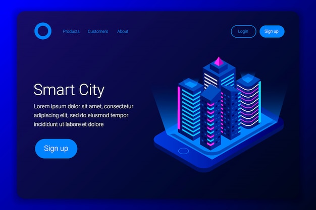 Slimme stad isometrische concept. Gebouwen op het smartphonescherm. Flat 3D-stijl. Landingspagina sjabloon. illustratie.