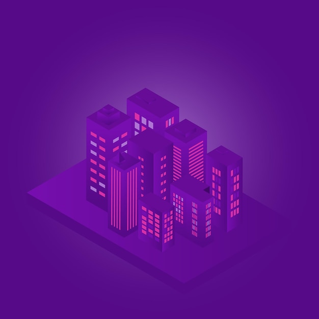 Slimme stad met verlichting isometrisch futuristisch gebouw en wolkenkrabber op paarse achtergrond