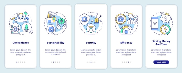 Slimme technologieën profiteren van het onboarding-scherm van de mobiele app. efficiency walkthrough 5 stappen grafische instructiepagina's met lineaire concepten. ui, ux, gui-sjabloon. myriad pro-bold, reguliere lettertypen gebruikt