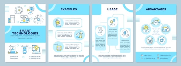 Vector slimme technologieën turquoise brochure sjabloon. gebruik en voordelen. folderontwerp met lineaire pictogrammen. 4 vectorlay-outs voor presentatie, jaarverslagen. arial-black, myriad pro-regular lettertypen gebruikt