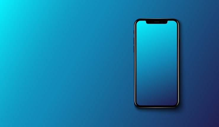 Vector slimme telefoon op gladde donkerblauwe achtergrond, futuristische technologie