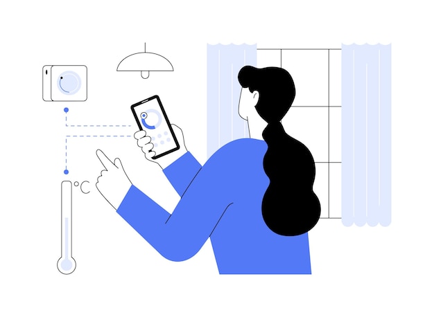 Vector slimme thermostaat abstract concept vectorillustratie vrouw met smartphone controleren temperatuur duurzame energiebronnen slimme huistechnologie temperatuursensoren abstracte metafoor