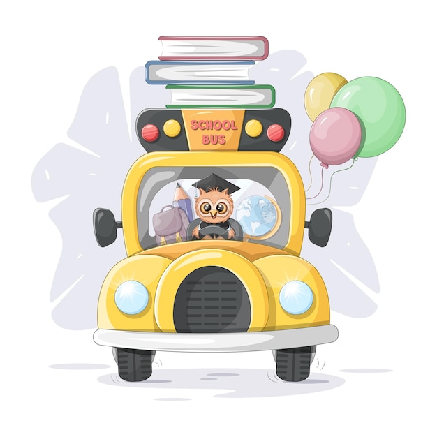 Slimme uil die een schoolbus bestuurt met ballonnen en schoolbenodigdheden