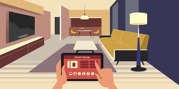 Slimme woning. IoT-apparaten bedienen met een tablet via een netwerk.