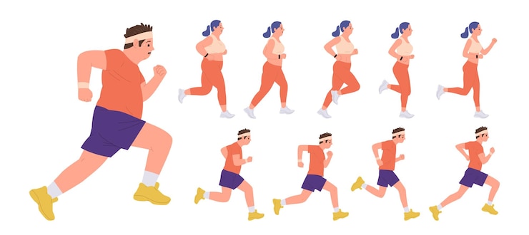Vector slimming man and woman cartoon characters jogging for body development and heath strength increase