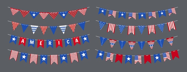 Vector slinger bunting amerikaanse vlag onafhankelijkheidsdag set, usa viering partij patriottische decoratie