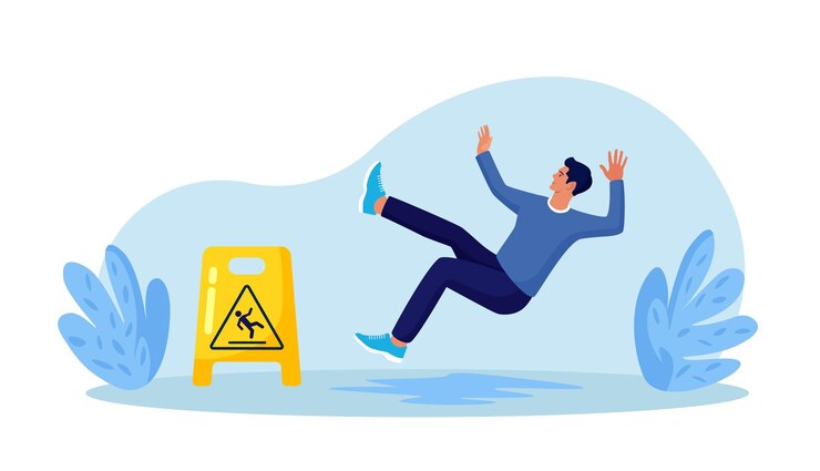 Vector slip wet floor inconsiderate man in casual clothes slips in puddle and downfall injured character stumbling and falling near yellow caution danger sign
